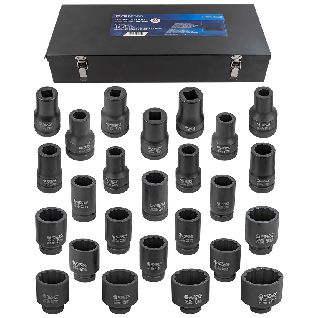 Набор головок ударных глубоких 25пр. 1»12гр. (17,19,21,22мм 4-гранные под футорку,17,19,21,22,24,27,30,32,33,34,36,38,41,46,50,52,55,60,65,70,75мм)