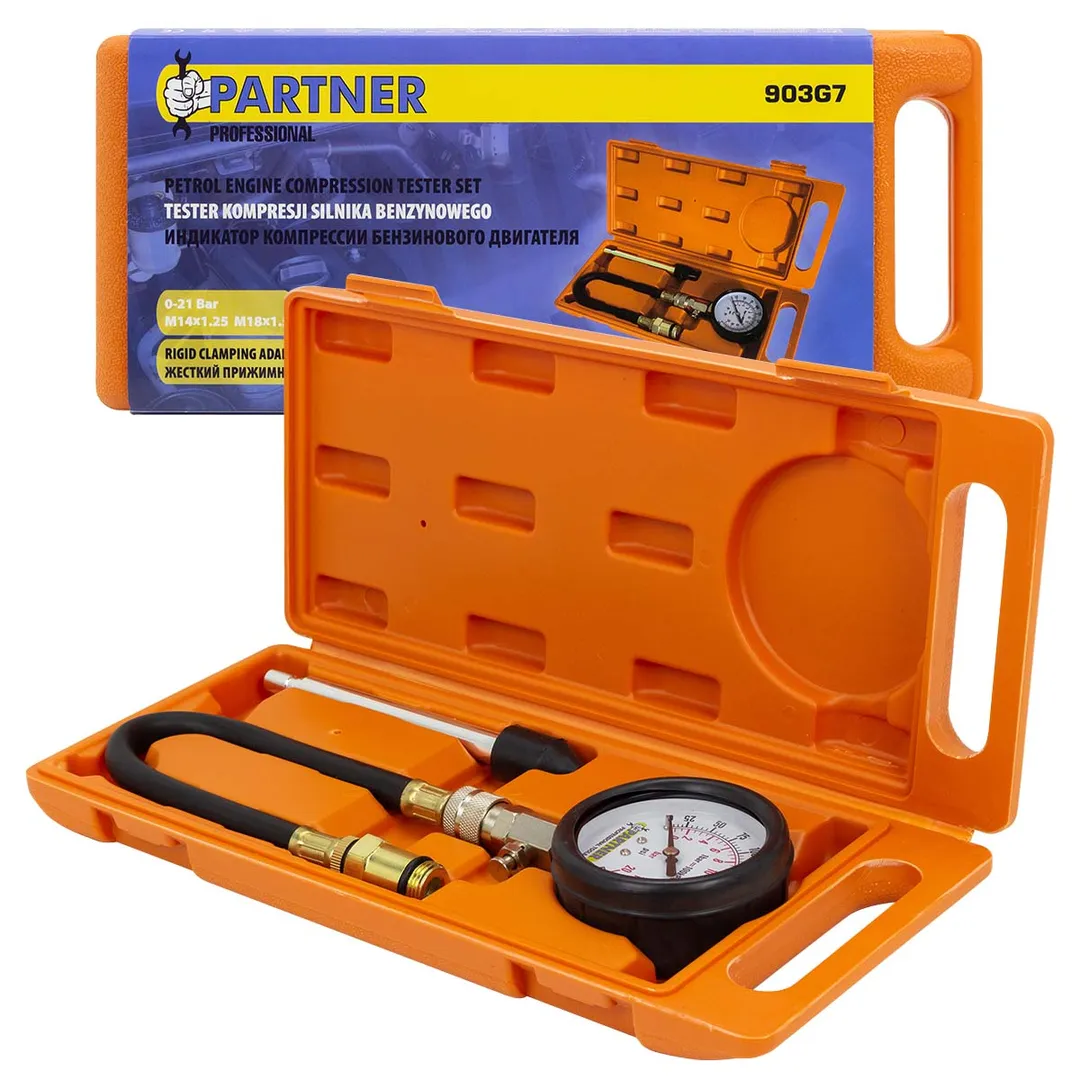 Индикатор компрессии бензинового двигателя (0-21Bar, М14, М18 + жесткий прижимной адаптер-переходник) 3пр., в кейсе