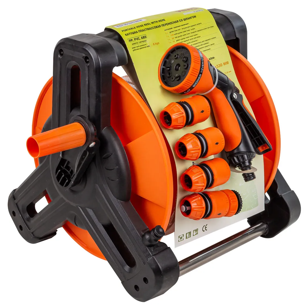 Шланг поливочный, армированный с фитингами и распылителем,15м на катушке