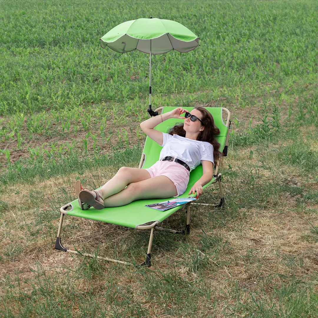 Шезлонг складной с подголовником+зонтик (670х1930мм, зеленый)
