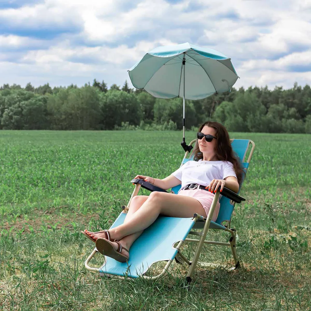 Шезлонг складной с подголовником и подлокотниками+зонтик (510х1770мм, голубой)