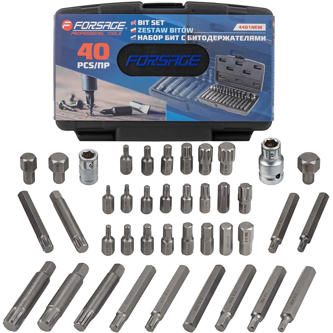 Набор бит с битодержателями, 40пр.(10мм)(30мм:Т20-Т60,Н4-Н19,М5-М16,75мм:H5-H10,M6-M12,Ribe 8-14) в пластиковом кейсе