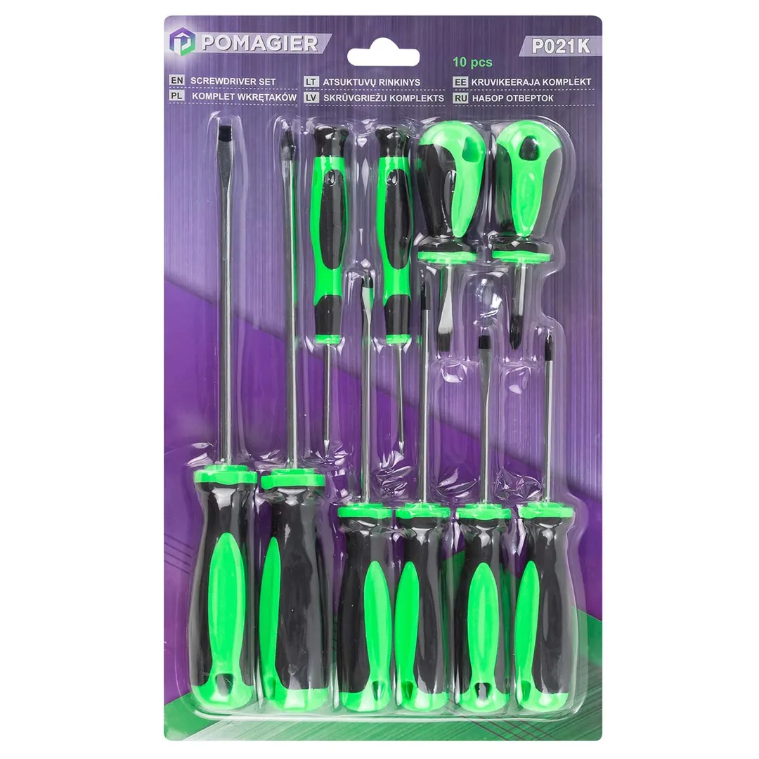 Набор отверток 10пр.(SL:150х5.6,100х4.5,78х3.8,40х5.6мм РН2х150,РН1х100,РН0х75,РН2х40мм Т4,Т5х150мм)в блистере