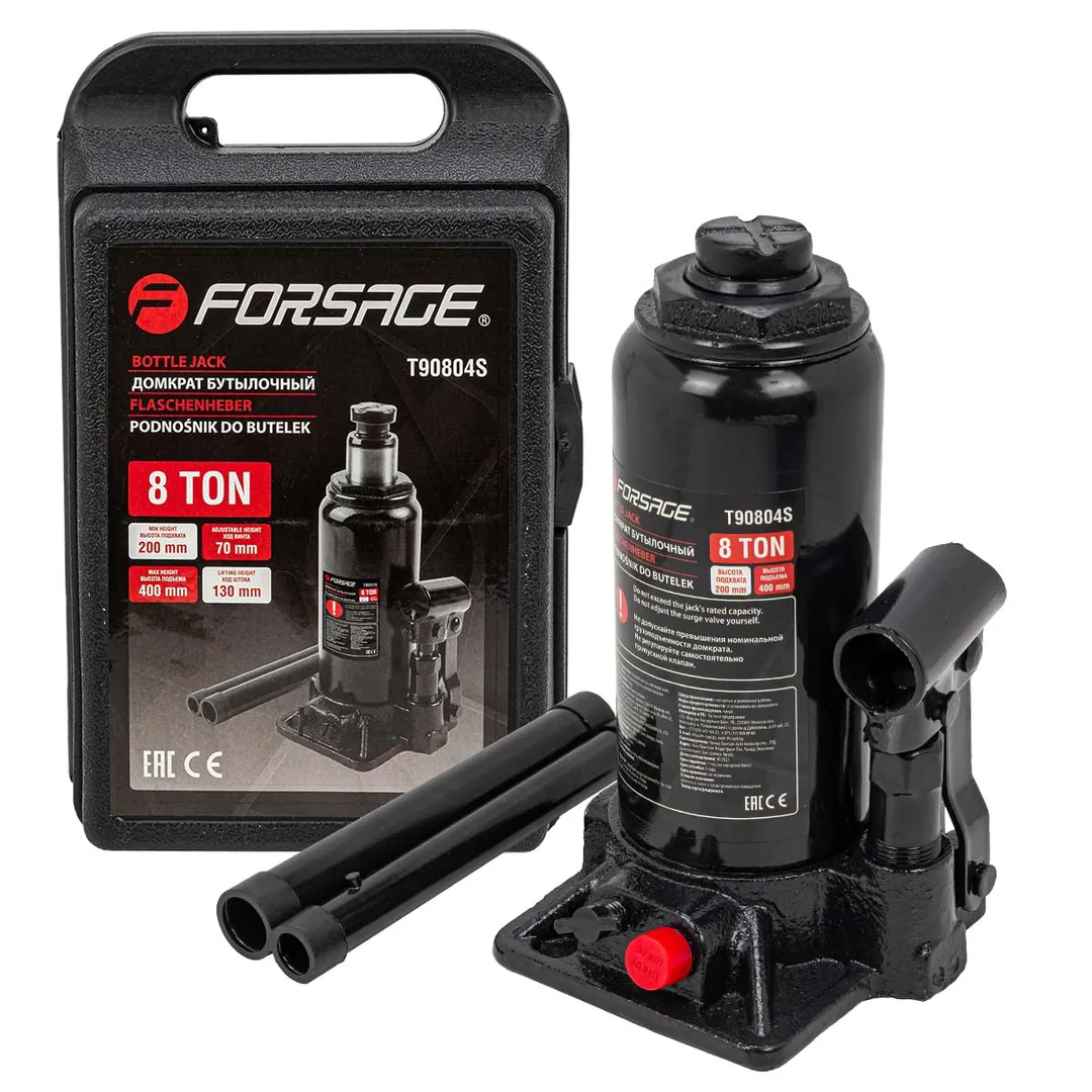 Домкрат бутылочный 8т с клапаном (h min-200мм, h max-400мм, ход штока-130мм, ход винта-70мм) в кейсе