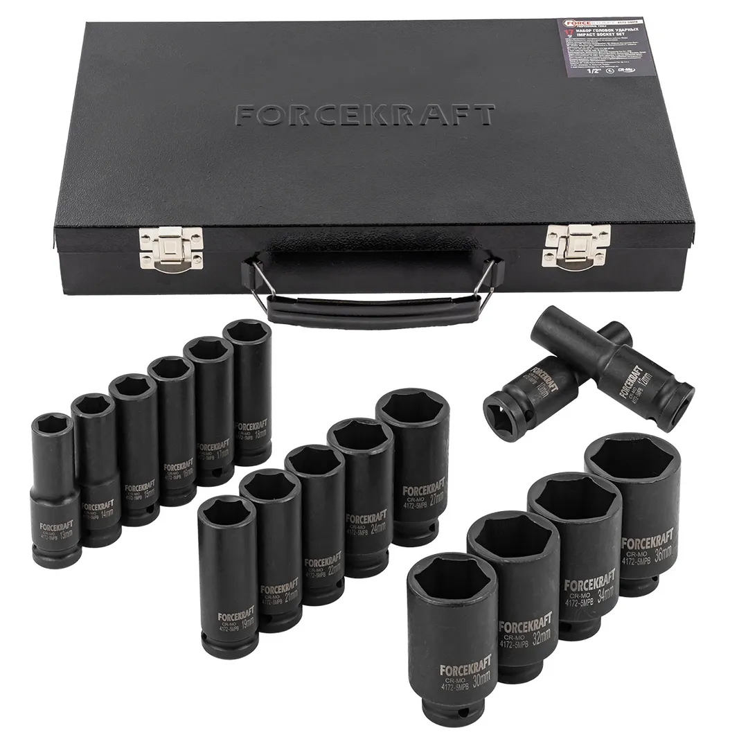 Набор головок ударных 1/2», 6гр. 17пр.(10,12-19,21,22,24,27,30,32,34,36мм),в метал кейсе