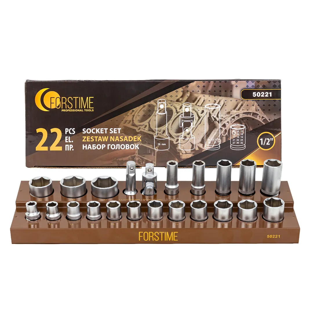 Набор головок 22пр.1/2»(6гр.)(10,12-19,21,22,24,27,30,32, удлин.-е:10,13,17,19,21)в кейсе