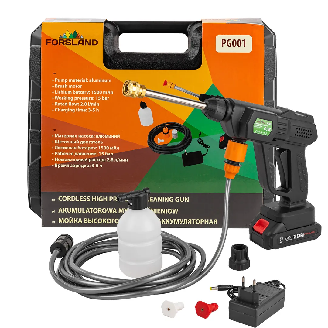Мойка высокого давления аккумуляторная (21В,15 Бар,2.8 л/мин, батарея 1500 мАч, зарядка 3-5ч, насос аллюминий, щеточный двигатель)