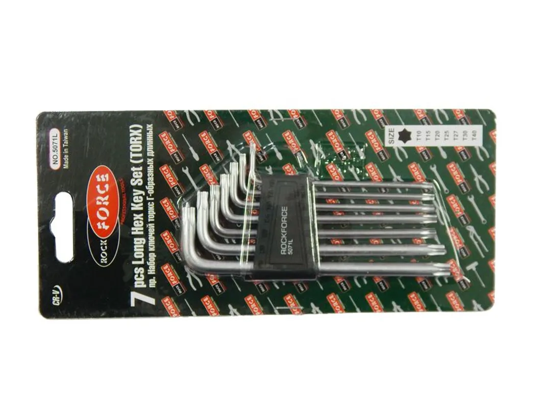 Набор ключей TORX Г-образных длинных, 7пр.(Т10,Т15,Т20,Т25,Т27,Т30,Т40) в пластиковом держателе