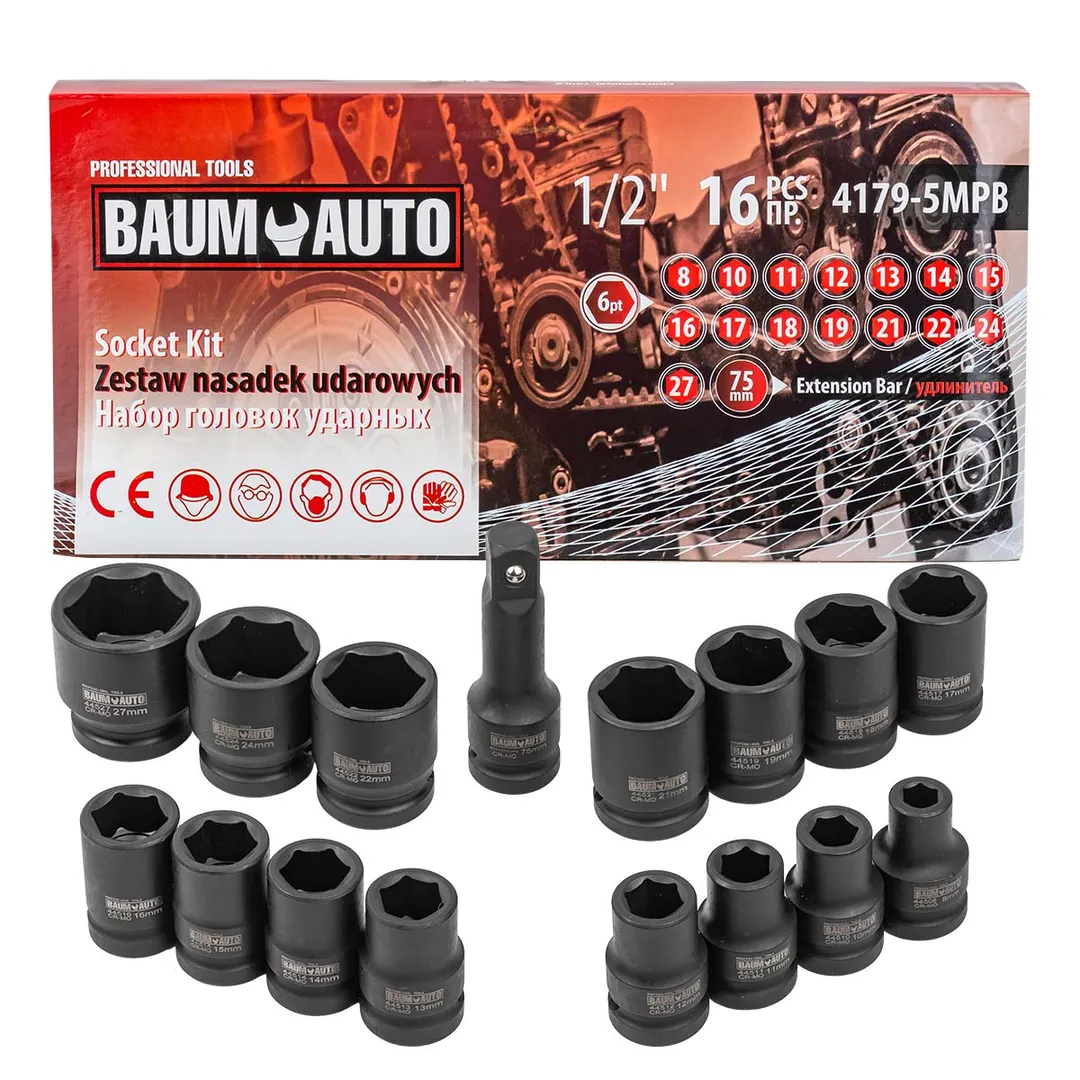 Набор головок 16пр.1/2»( 6гр) (8-10-11-12-13-14-15-16-17-18-19-21-22-24-27)+удлинитель 75мм)в кейсе