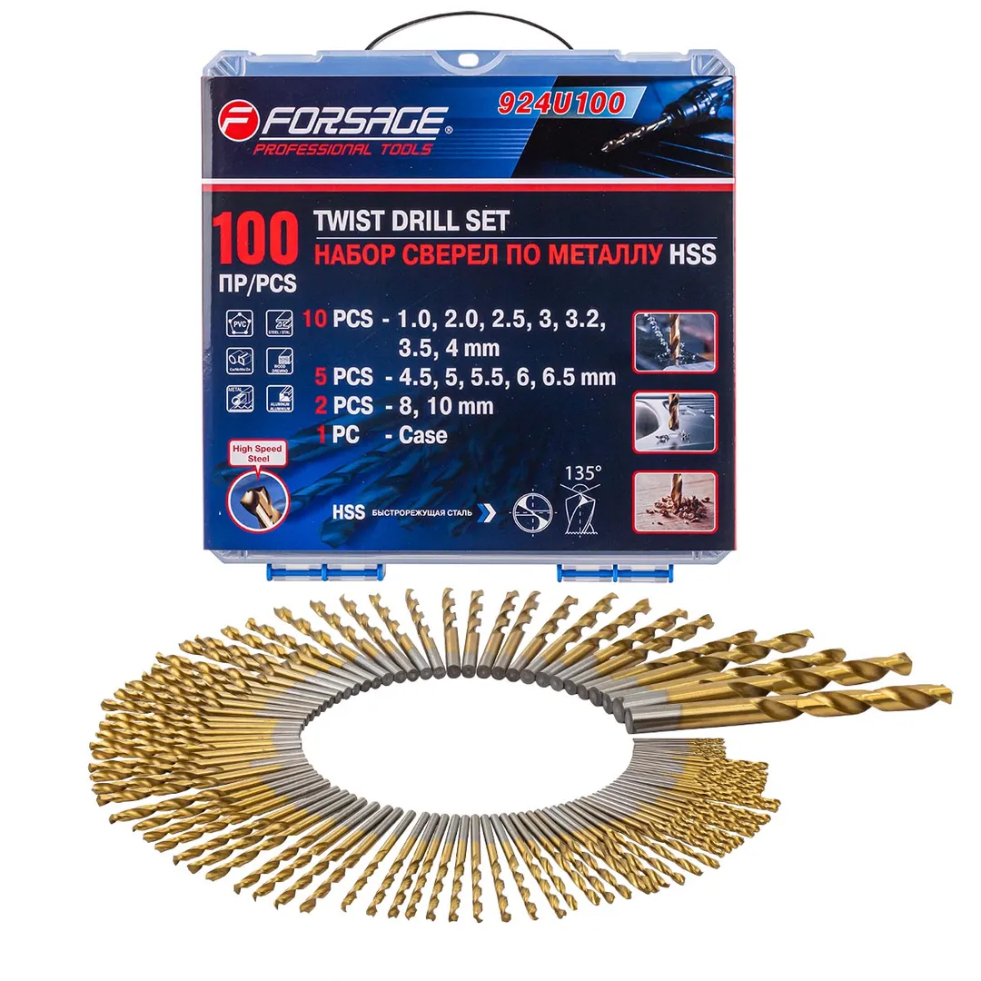 Набор сверл по металлу,100пр.(1,2,2.5,3,3.2,3.5,4-по 10шт,4.5,5,5.5,6,6.5-по 5шт,8,10-по 2шт)в кейсе
