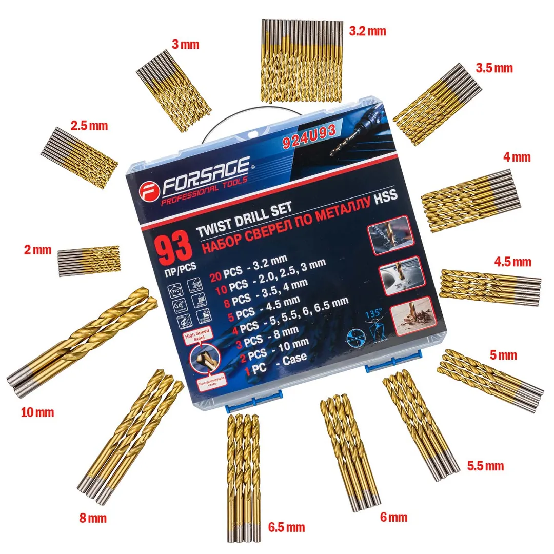 Набор сверл по металлу,93пр.(3.2-20шт,2,2.5,3-по10шт,3.5,4-по 8 шт,4.5-5шт,5,5.5,6,6.5-по 4шт,8-3шт,10-2шт)в кейсе