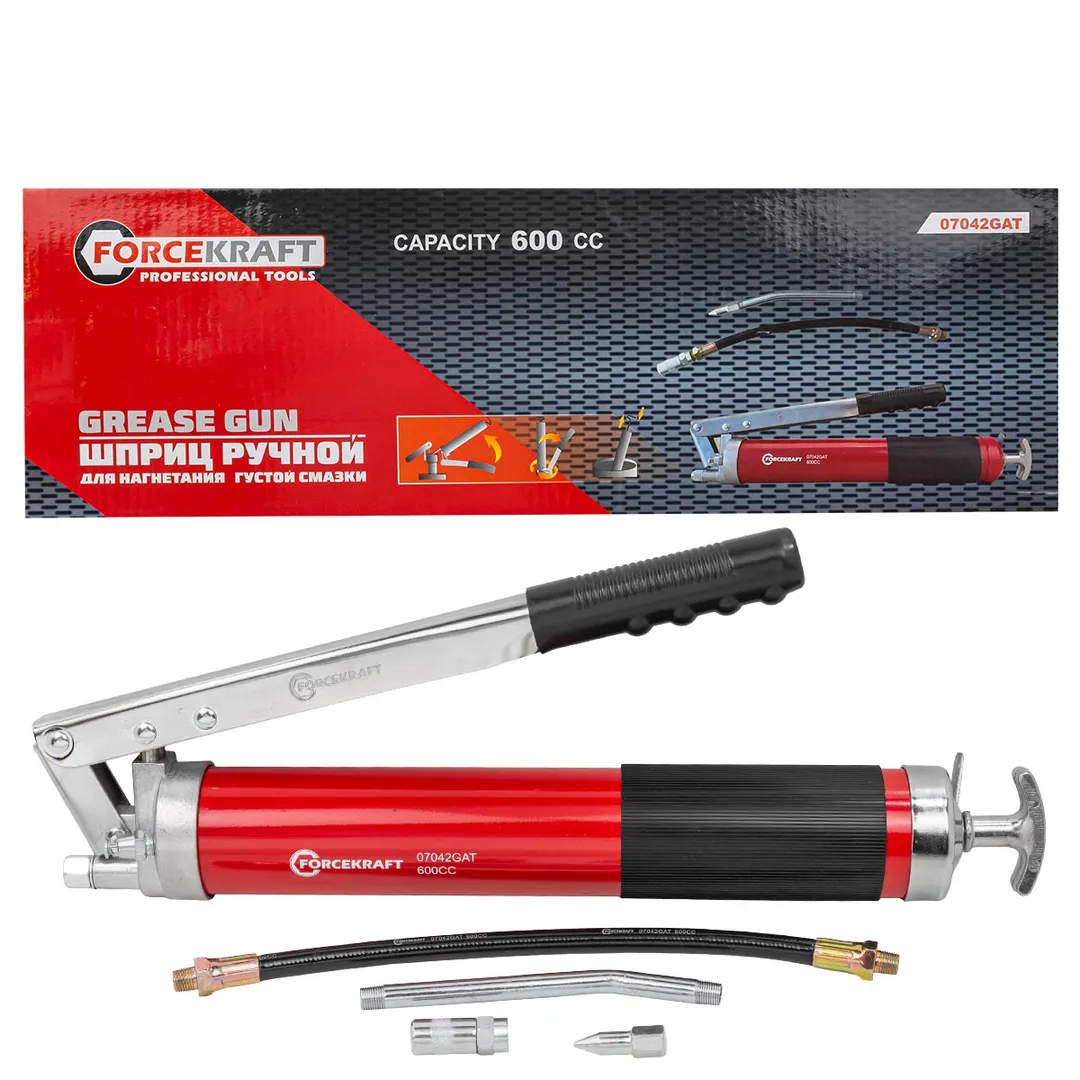 Шприц для нагнетания густой смазки ручной 600мл в комплекте с жестким(L-140мм) и гибким(L-300мм) наконечниками (2 штока,»под закладку»)