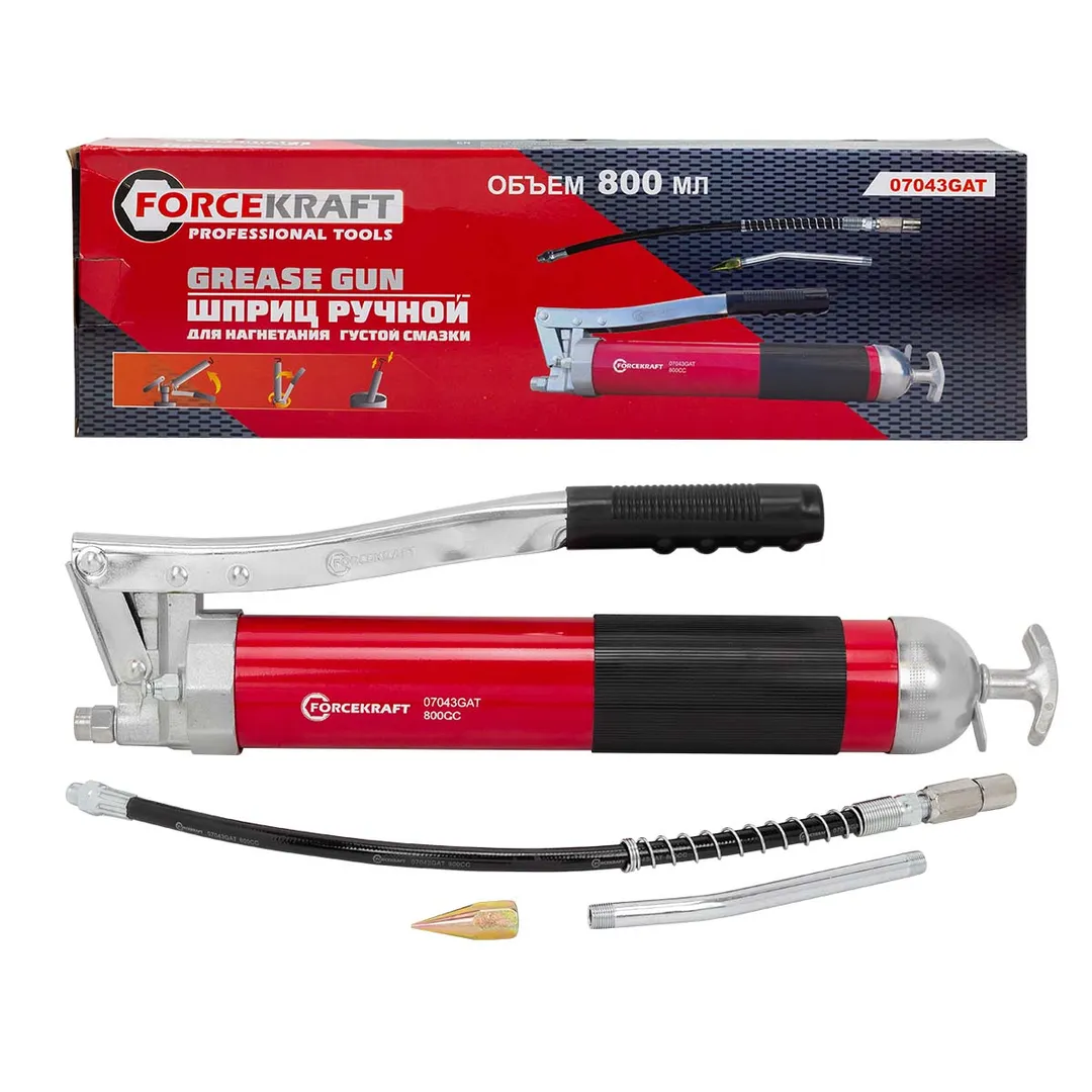 Шприц для нагнетания густой смазки ручной 800мл в комплекте с жестким(L-140мм) и гибким(L-300мм) наконечниками (2 штока,»под закладку»)