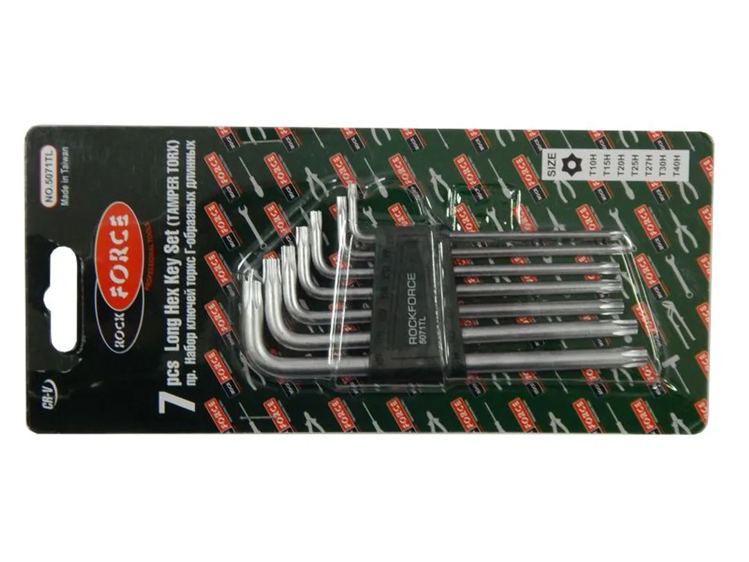 Набор ключей TORX Г-образных длинных с отверстием 7пр.(Т10Н,Т15Н,Т20Н,Т25Н,Т27Н,Т30Н,Т40Н) в пластиковом держателе