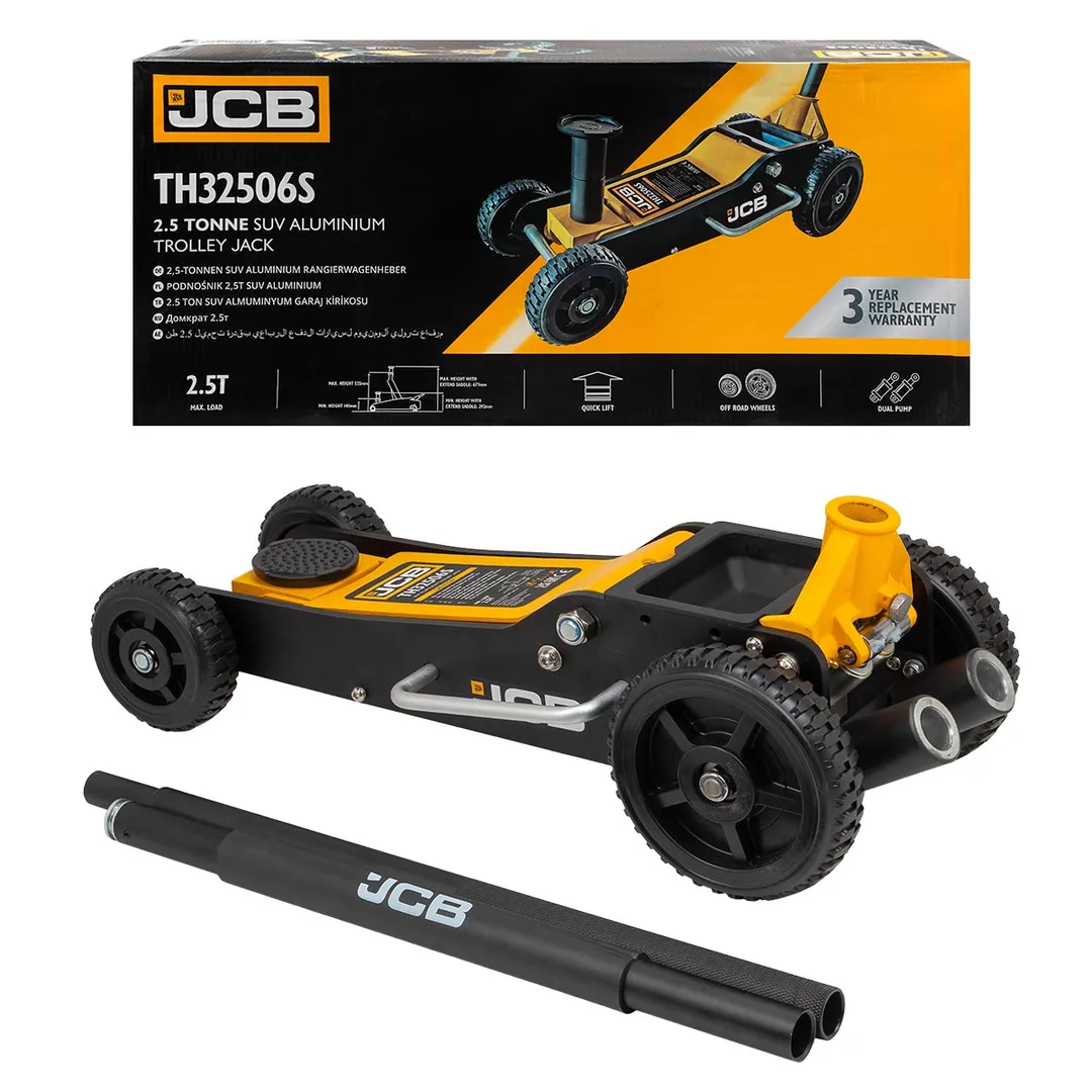 Домкрат подкатной гидравлический на резиновых колесах в комплекте с удлинителями 2.5т (h min 140мм,h max 677мм,удлин.76х54мм 2шт,колеса 150/200мм)