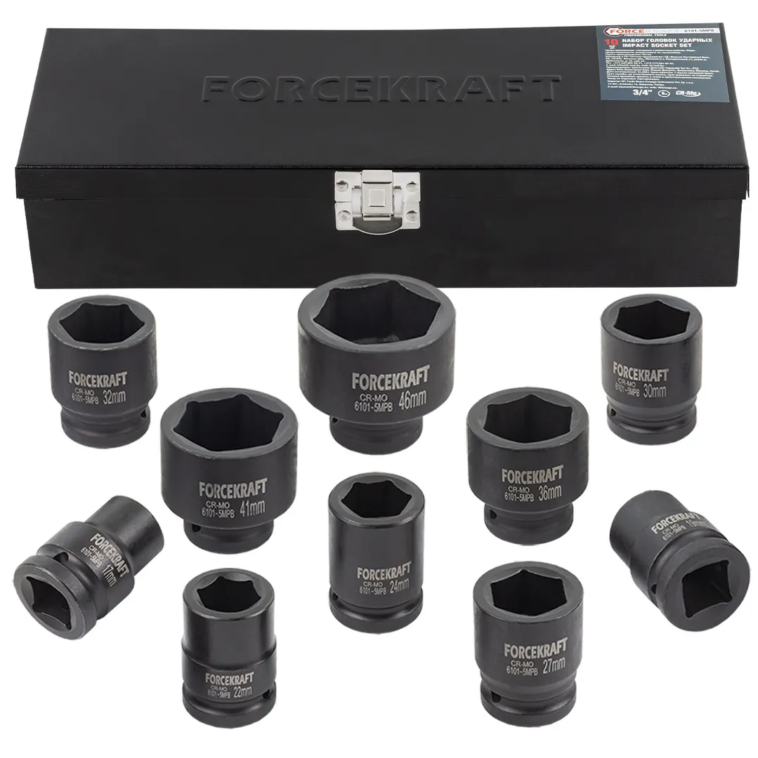 Набор головок ударных 3/4»10пр. (6гр.) (17,19,22,24,27,30,32,36,41,46мм) в кейсе