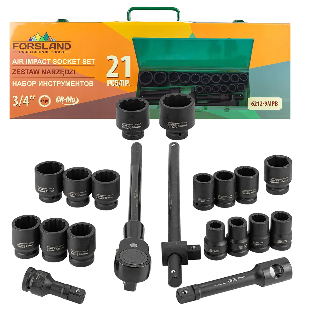 Набор инструментов ударных 21пр, 3/4»(12гр.)(17,19,21,22,24,27,30,32,34,35,36-6гр,36-12гр.,38,41,46,50мм), в метал. кейсе
