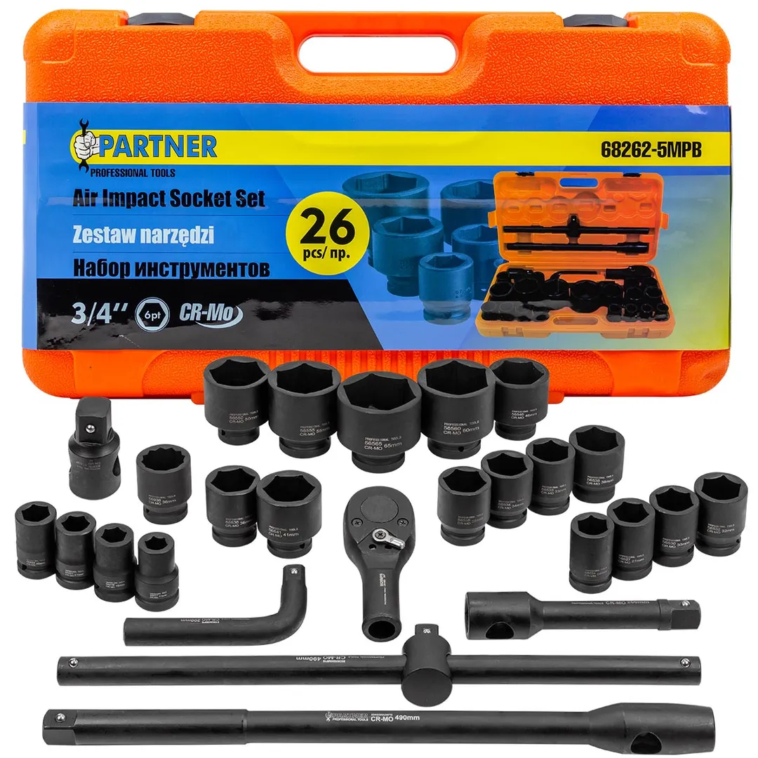 Набор инструментов ударных 26пр, 3/4»1»(6гр.) (17,19,22,24,27,30,32,33,34,35,36,36-12гр,38,41,46,50мм,1»:55,60,65мм) в пласт.кейсе