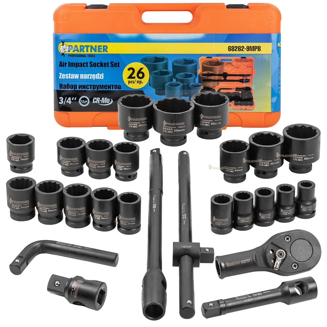 Набор инструментов ударных 26пр, 3/4»1»(12гр.) (17,19,22,24,27,30,32,33,34,35,36,36-6гр,38,41,46,50мм,1»:55,60,65мм) в пласт.кейсе