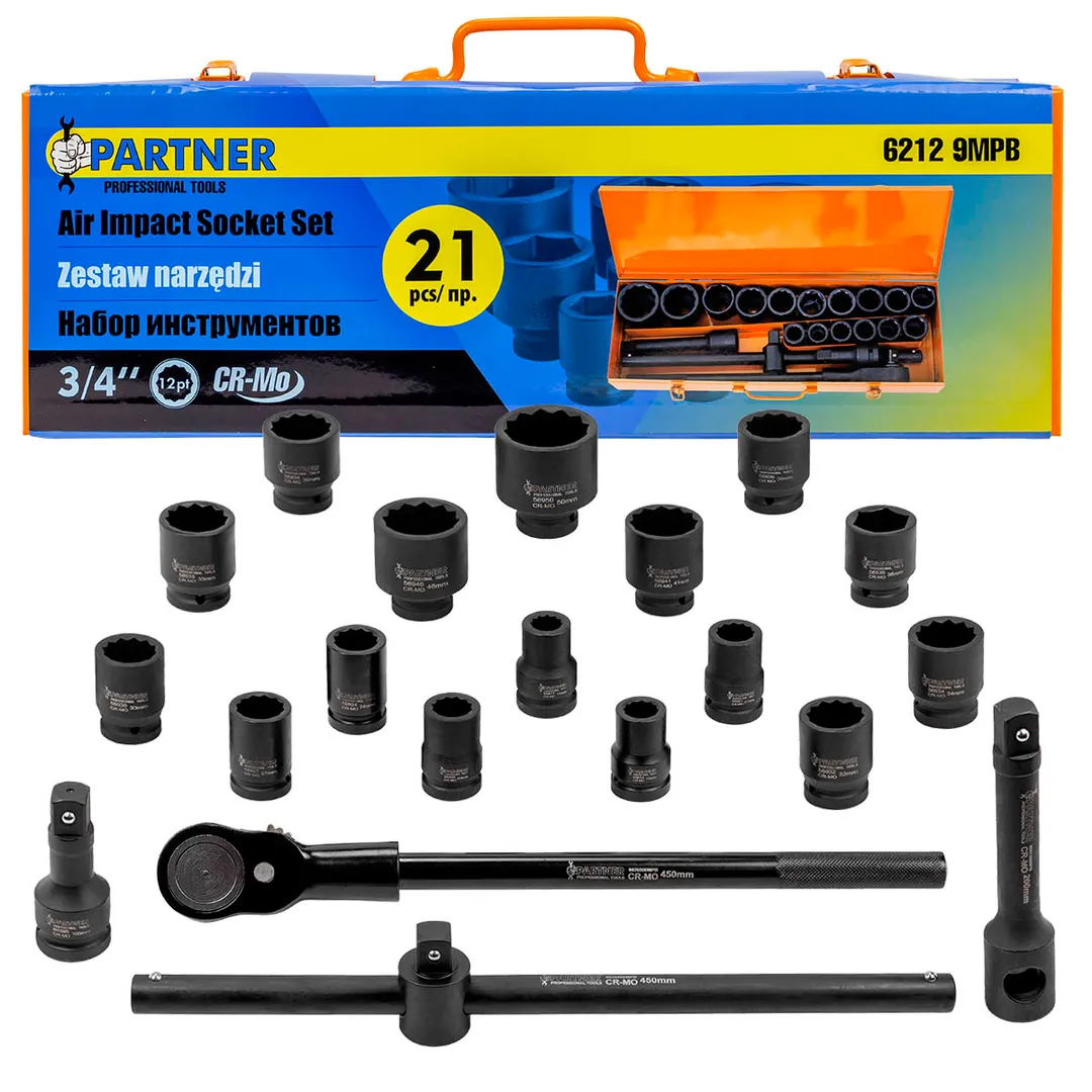 Набор инструментов ударных 21пр. 3/4»(12гр.)(17,19,21,22,24,27,30,32,34,35,36,36-6гр.,38,41,46,50мм), в метал.кейсе