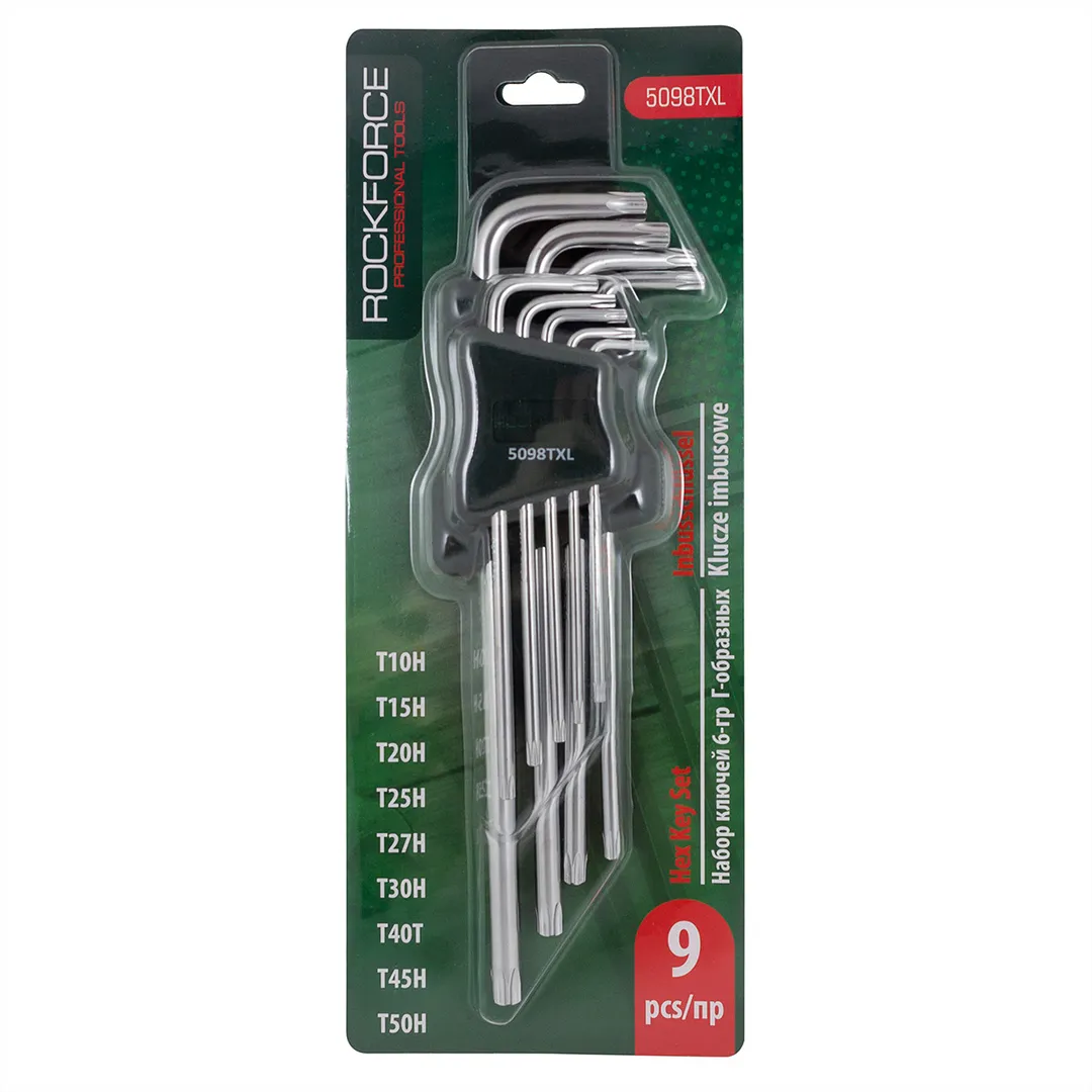 Набор ключей Г-образных TORX экстра длинных, 9пр. (Т10Н, Т15Н, Т20Н, Т25Н,Т27Н, Т30Н, Т40Т, Т45Н,Т50Н с отверстием) в пластиковом держателе