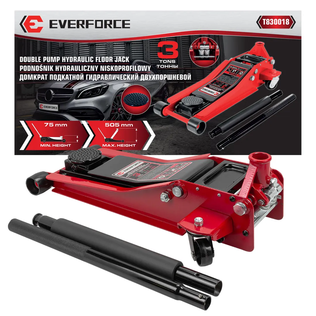 Домкрат подкатной гидравлический низкопрофильный двухпоршневой с резиновой накладкой 3т (h min 75мм, h max 510мм)