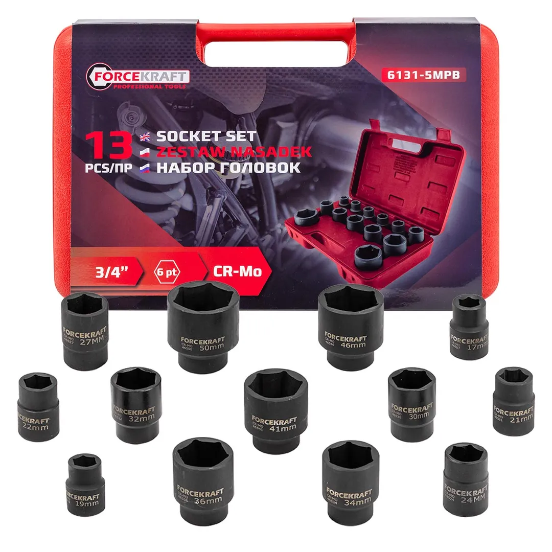Набор головок ударных 13пр., 3/4»(6гр.)(17,19,21,22,24,27,30,32,34,36,41,46,50мм)в кейсе