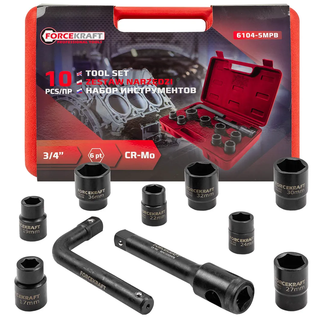 Набор инструментов 10пр. 3/4»(6гр.) (17,19,21,22,24,27,30,32,36мм + вороток 200мм + удлинитель под вороток 200мм) в пласт. кейсе