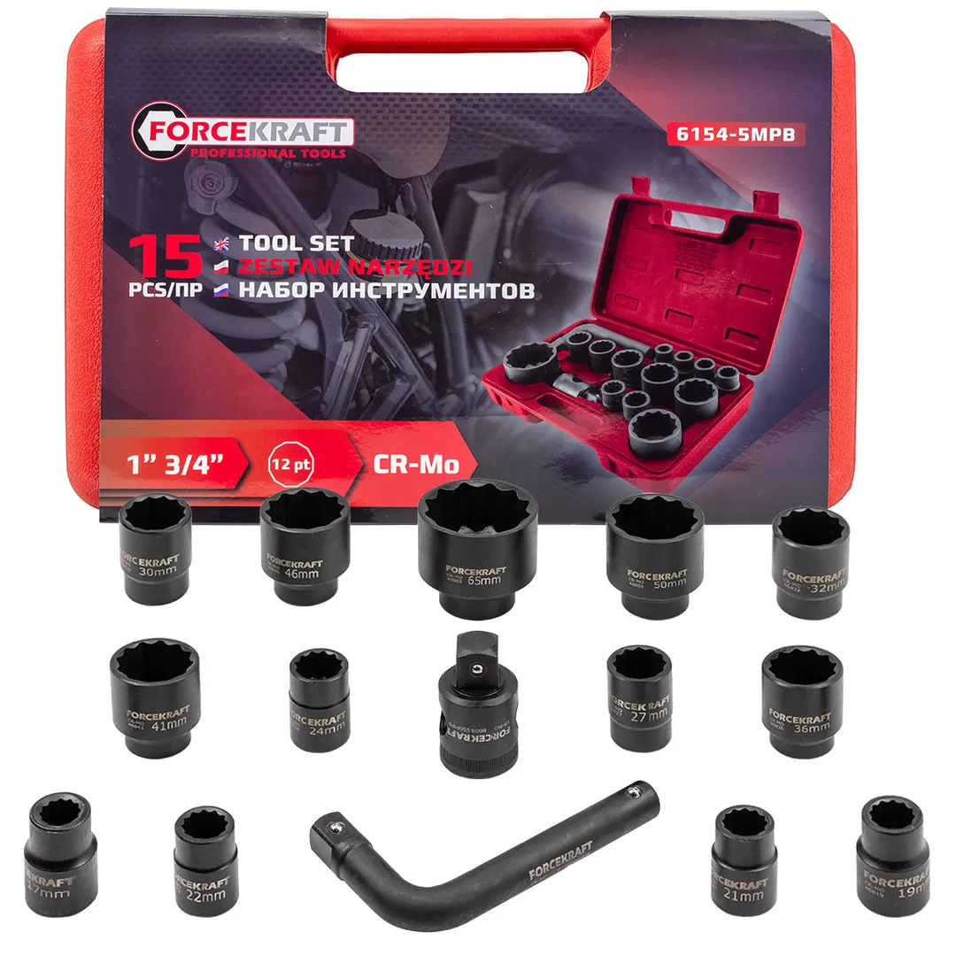 Набор инструментов 15пр. 3/4», 1»(12гр.) (17,19,21,22,24,27,30,32,36,41,46,50мм 3/4»,65мм 1», вороток 200мм,адаптер 3/4»(F)х1»(M)) в пласт. кейсе
