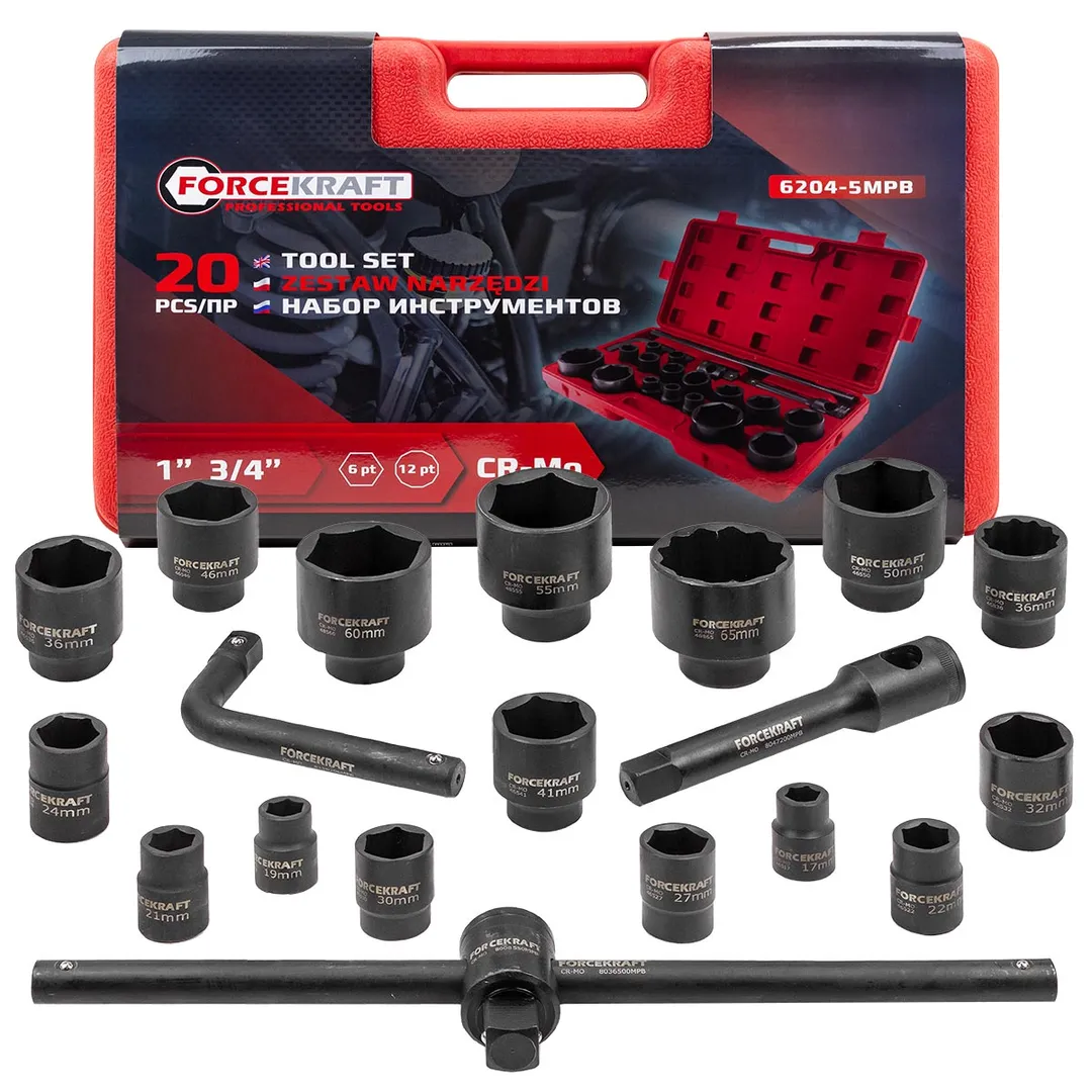 Набор инструментов 20пр. 3/4», 1»(6гр, 12гр) (17-60мм 6гр,36,65мм 12гр, вороток Г-обр.200мм,вороток Т-обр.500мм,удлинитель 200мм) в пласт. кейсе