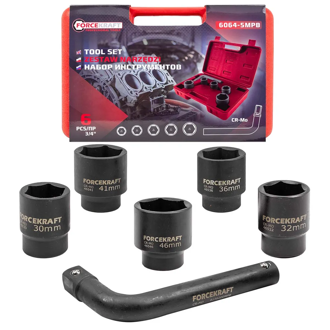 Набор инструментов 6пр. 3/4»(6гр.) (30, 32, 36, 41, 46 мм + вороток 200мм) в пласт. кейсе