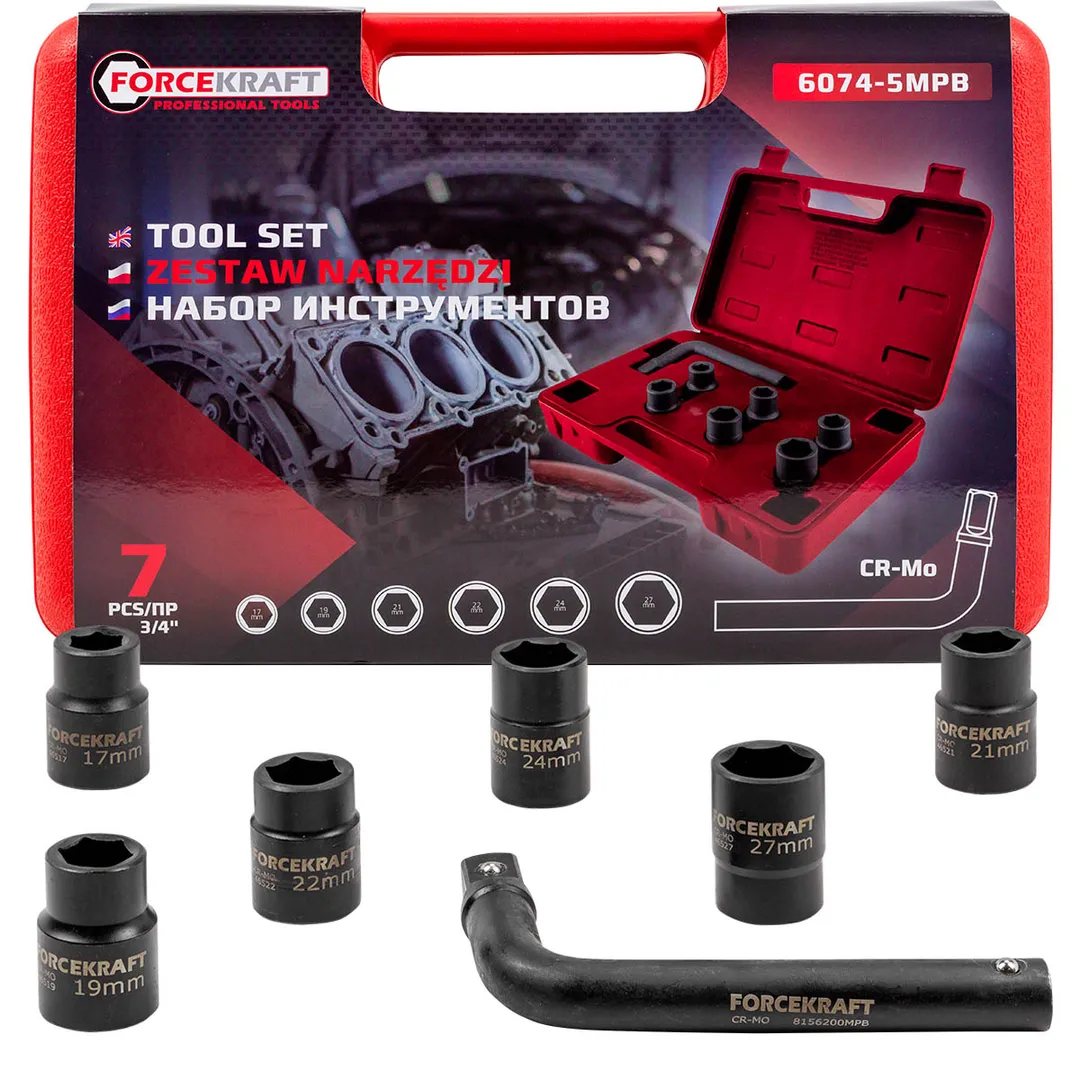 Набор инструментов 7пр. 3/4»(6гр.) (17,19,21,22,24,27мм + вороток200мм) в пласт. кейсе