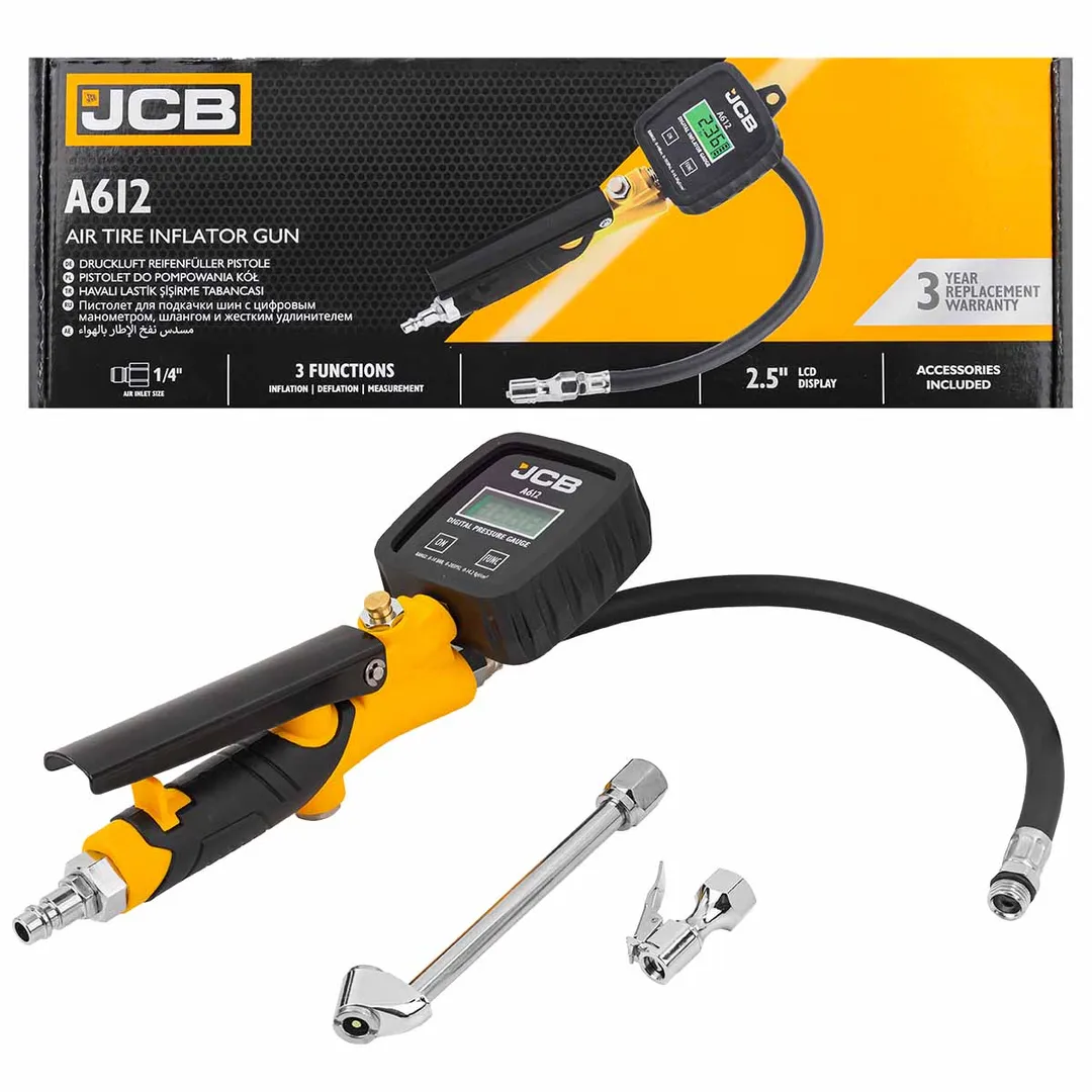 Пистолет для подкачки шин с цифровым манометром, шлангом и жестким удлинителем (0-14бар, Psi-бар-Кпа-кг/см², шланг 350мм, жесткий удлинитель 150мм)
