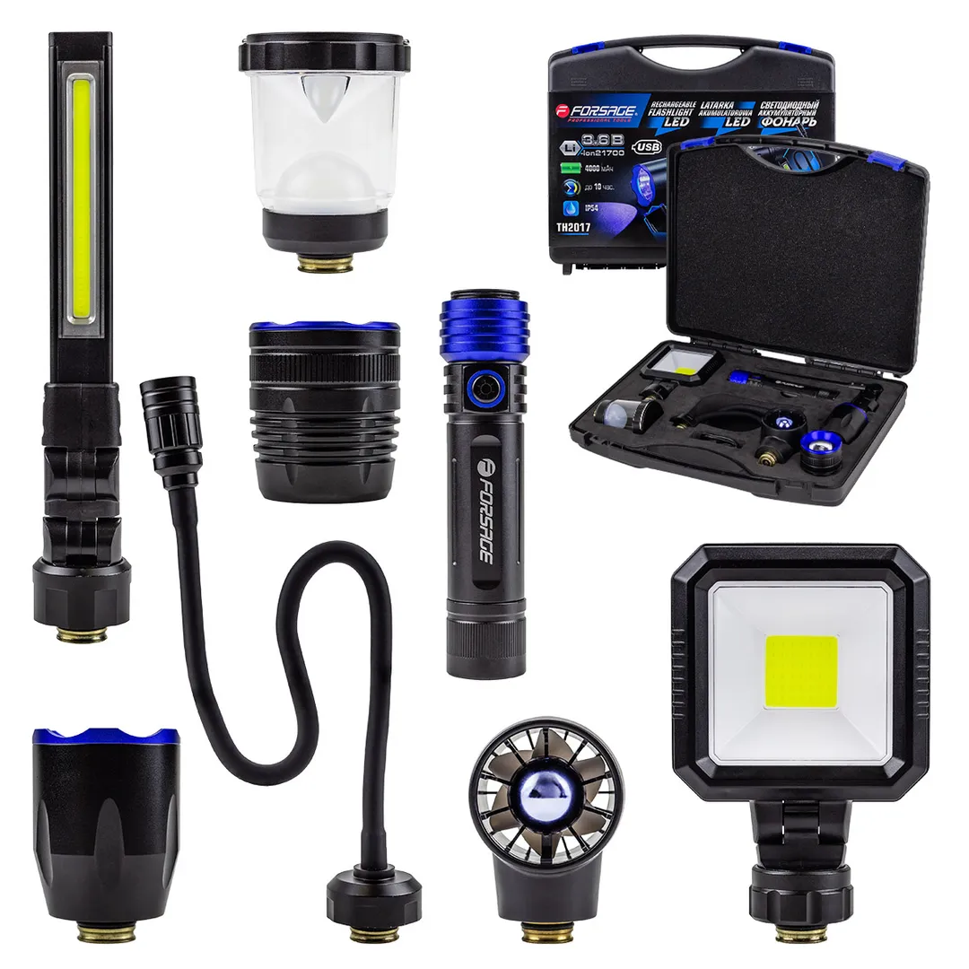 Фонарь портативный светодиодный аккумуляторный 7в1:вращ.,выс.ярк.,фокус.луча,прожектор,кемп.,вентил.,гибк.с магн.(4000мАч,время раб. до 10ч) в кейсе