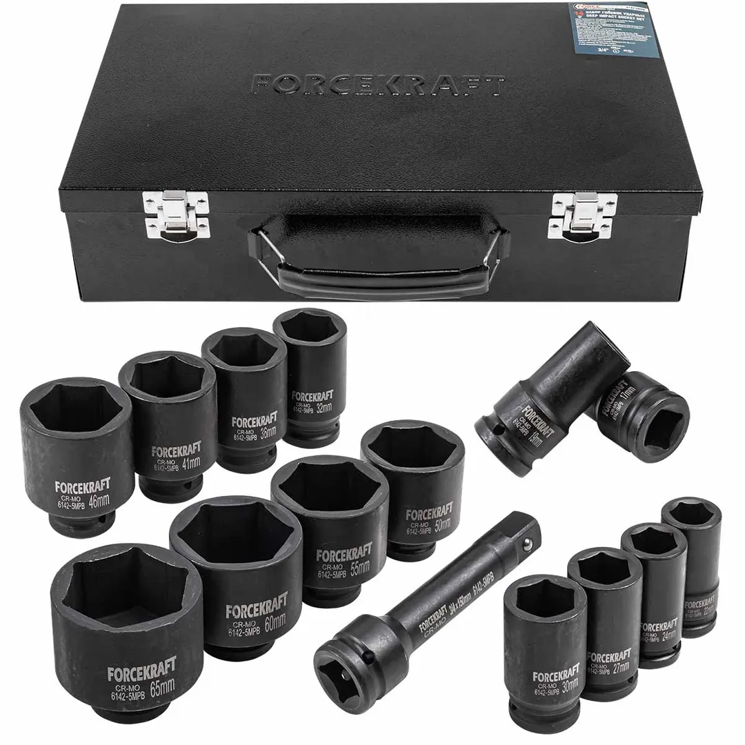 Набор головок ударных глубоких 3/4»14пр. (6гр.)(17,19,22,24,27,30,32,36,41,46,50,55,60,65мм)в метал. кейсе