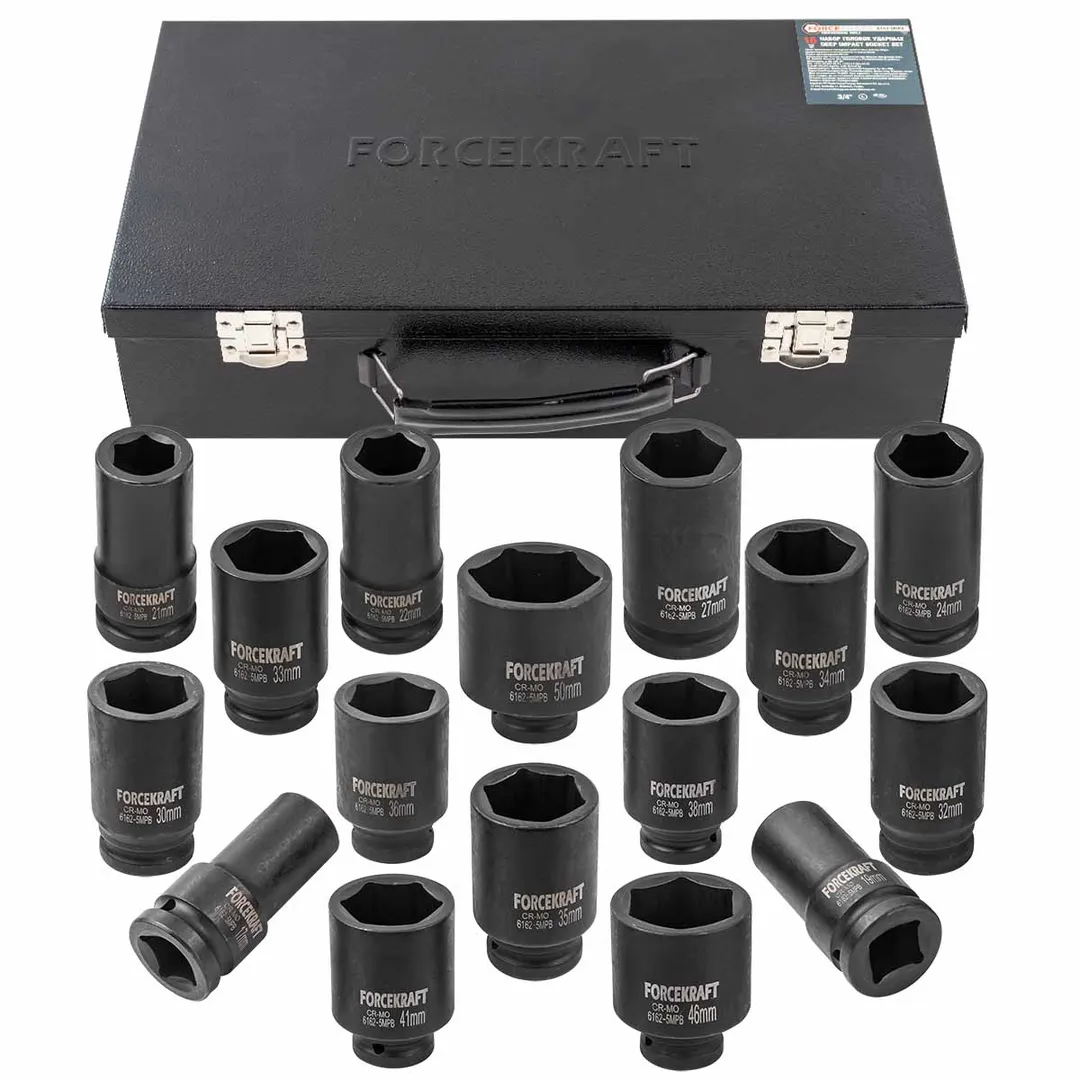 Набор головок ударных глубоких 3/4»16пр.(17,19,21,22,24,27,30,32-36,38,41,46,50) в кейсе