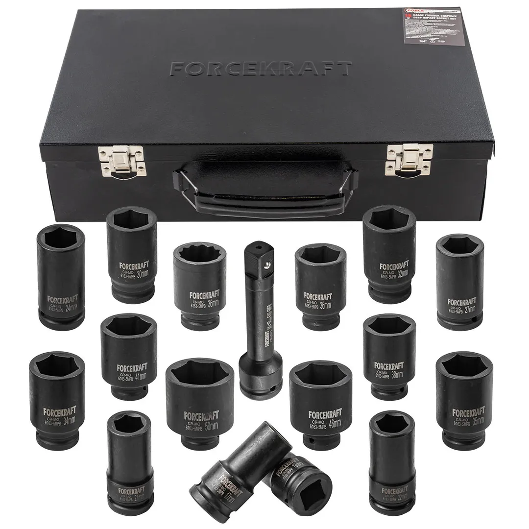 Набор головок ударных глубоких 3/4»16пр.(6гр.)(17,19,21,22,24,27,30,32,34,35,36,36-12гр,38,41,46,50мм)