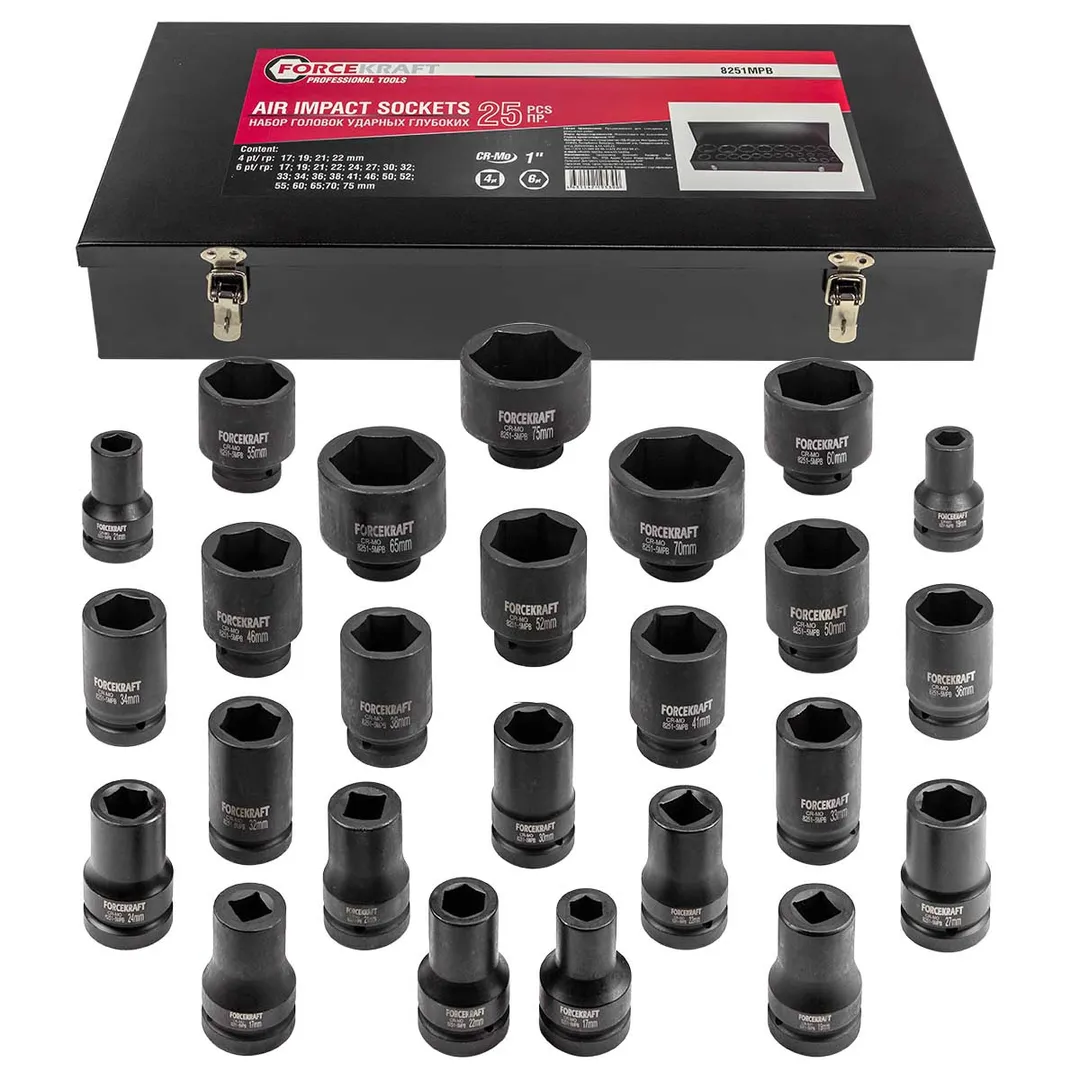 Набор головок ударных глубоких 25пр. 1»6гр. (17,19,21,22мм 4-гранные под футорку,17,19,21,22,24,27,30,32,33,34,36,38,41,46,50,52,55,60,65,70,75мм)