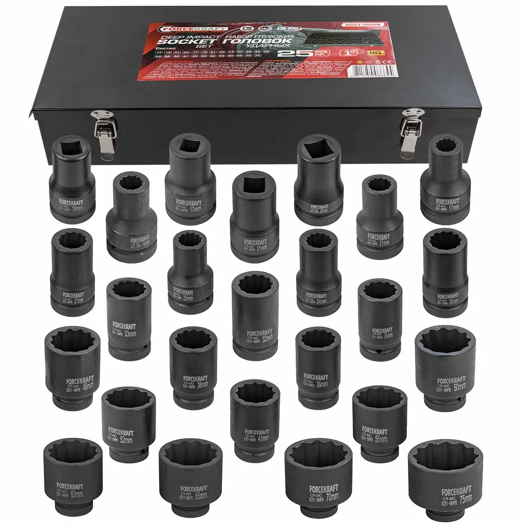 Набор головок ударных глубоких 25пр. 1»12гр. (17,19,21,22мм 4-гранные под футорку,17,19,21,22,24,27,30,32,33,34,36,38,41,46,50,52,55,60,65,70,75мм)