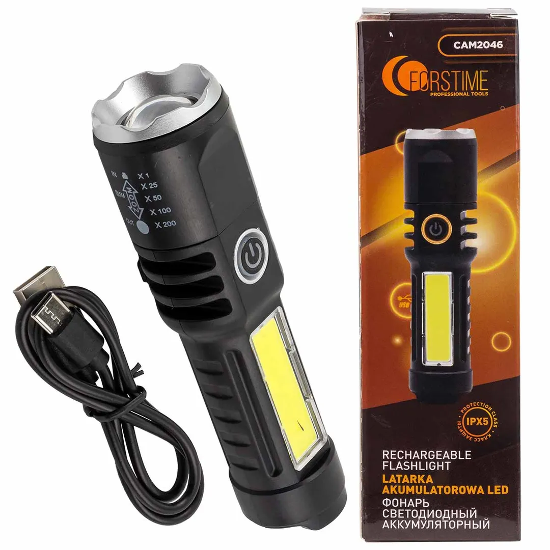 Фонарь ручной аккумуляторный с регулировкой фокуса луча (4 режима работы, аккум. 400мАч, свет.поток 100Лм, время раб. 2-3ч, время зар. 1-2ч, IPX5)