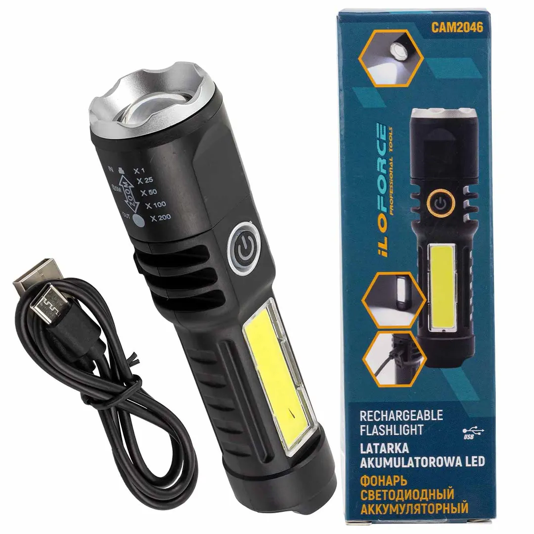 Фонарь ручной аккумуляторный с регулировкой фокуса луча (4 режима работы, аккум. 400мАч, свет.поток 100Лм, время раб. 2-3ч, время зар. 1-2ч, IPX5)