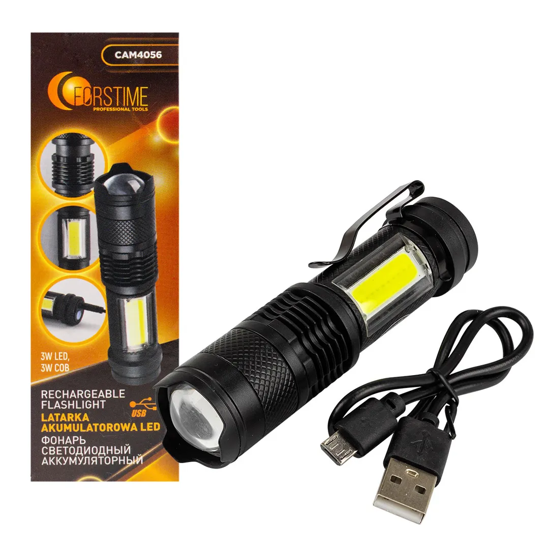 Фонарь ручной аккумуляторный с регулировкой фокуса луча (3 режима работы, аккум. 400мАч, свет.поток 120Лм, время раб. 1-2ч, время зар. 2-3ч, IPX4)