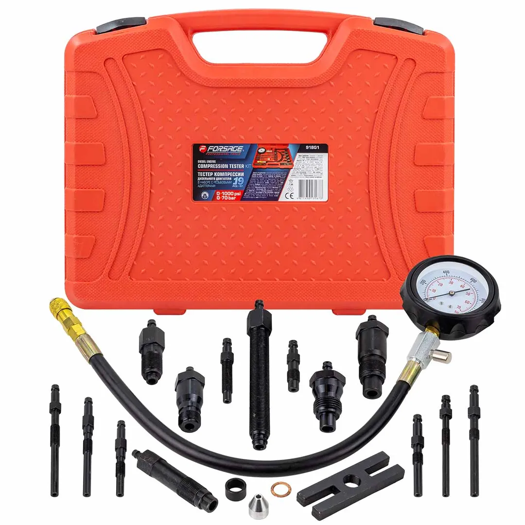 Тестер компрессии дизельного двигателя (имитатор свечи: М10х1.0х91мм, М10х1.0х119мм, М10х1.25х135мм, М10х1.0х83мм,М8х1.0х102мм,М10х1.0х113мм), в кейсе