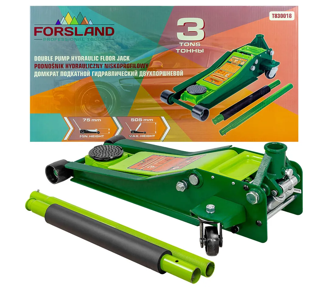 Домкрат подкатной гидравлический низкопрофильный двухпоршневой с резиновой накладкой 3т (h min 75мм, h max 505мм)