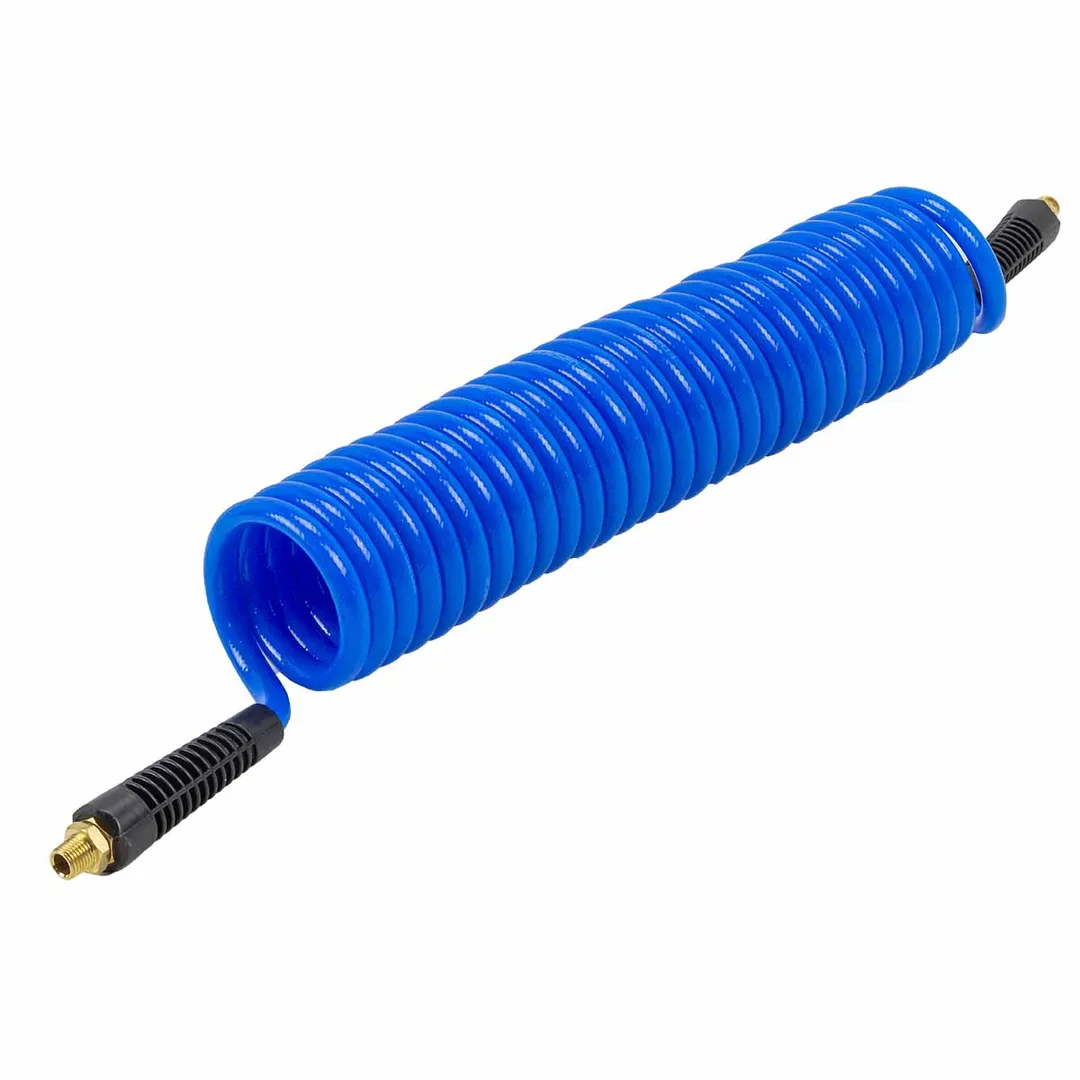 Шланг витой полиуретановый 8мм х 12мм х 7.5м с резьбовыми наконечниками 1/4»(max давление 15бар, раб. t от -20 до +60°С)