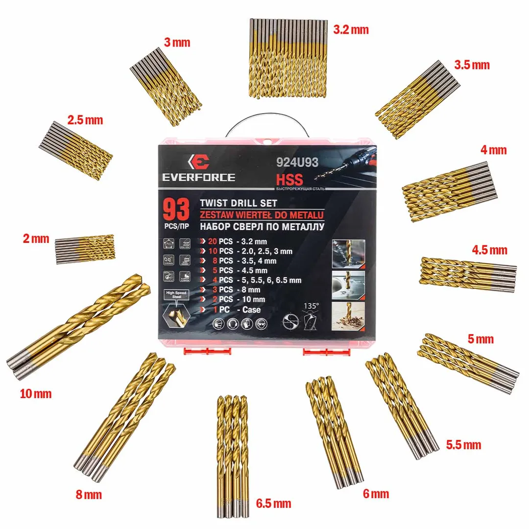 Набор сверл по металлу,93пр.(3.2-20шт,2,2.5,3-по10шт,3.5,4-по 8 шт,4.5-5шт,5,5.5,6,6.5-по 4шт,8-3шт,10-2шт)в кейсе