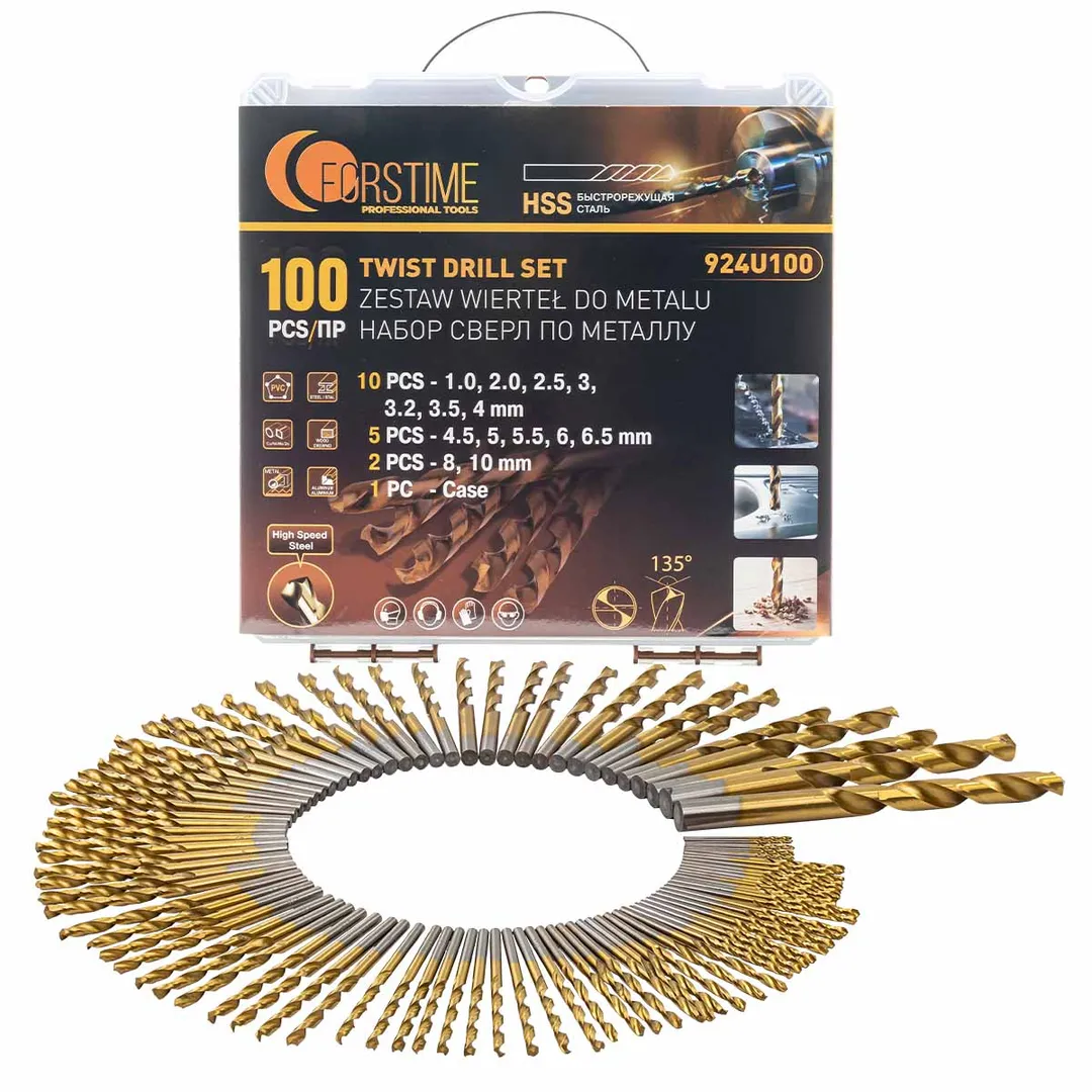 Набор сверл по металлу,100пр.(1,2,2.5,3,3.2,3.5,4-по 10шт,4.5,5,5.5,6,6.5-по 5шт,8,10-по 2шт)в кейсе