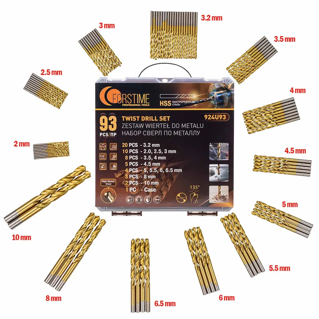 Набор сверл по металлу,93пр.(3.2-20шт,2,2.5,3-по10шт,3.5,4-по 8 шт,4.5-5шт,5,5.5,6,6.5-по 4шт,8-3шт,10-2шт)в кейсе