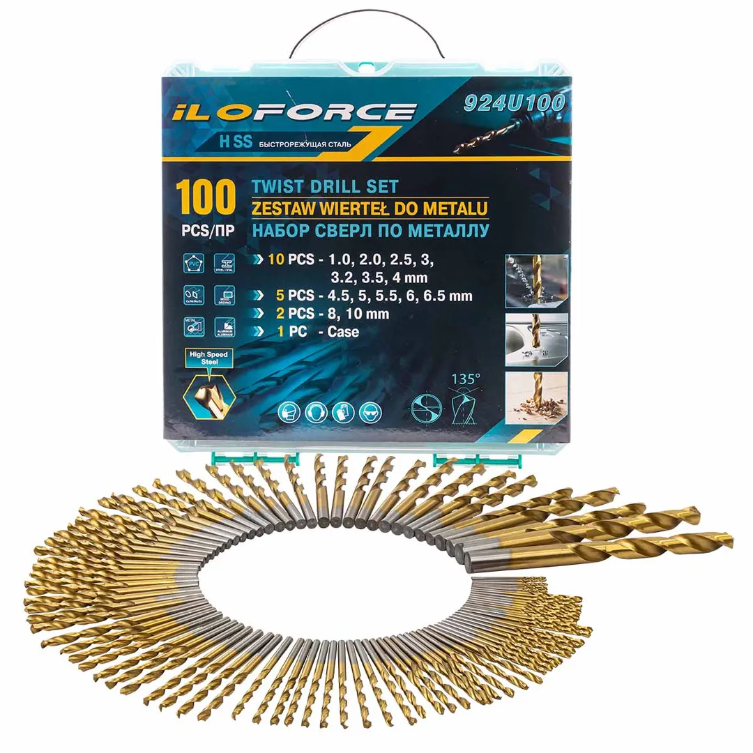 Набор сверл по металлу,100пр.(1,2,2.5,3,3.2,3.5,4-по 10шт,4.5,5,5.5,6,6.5-по 5шт,8,10-по 2шт)в кейсе