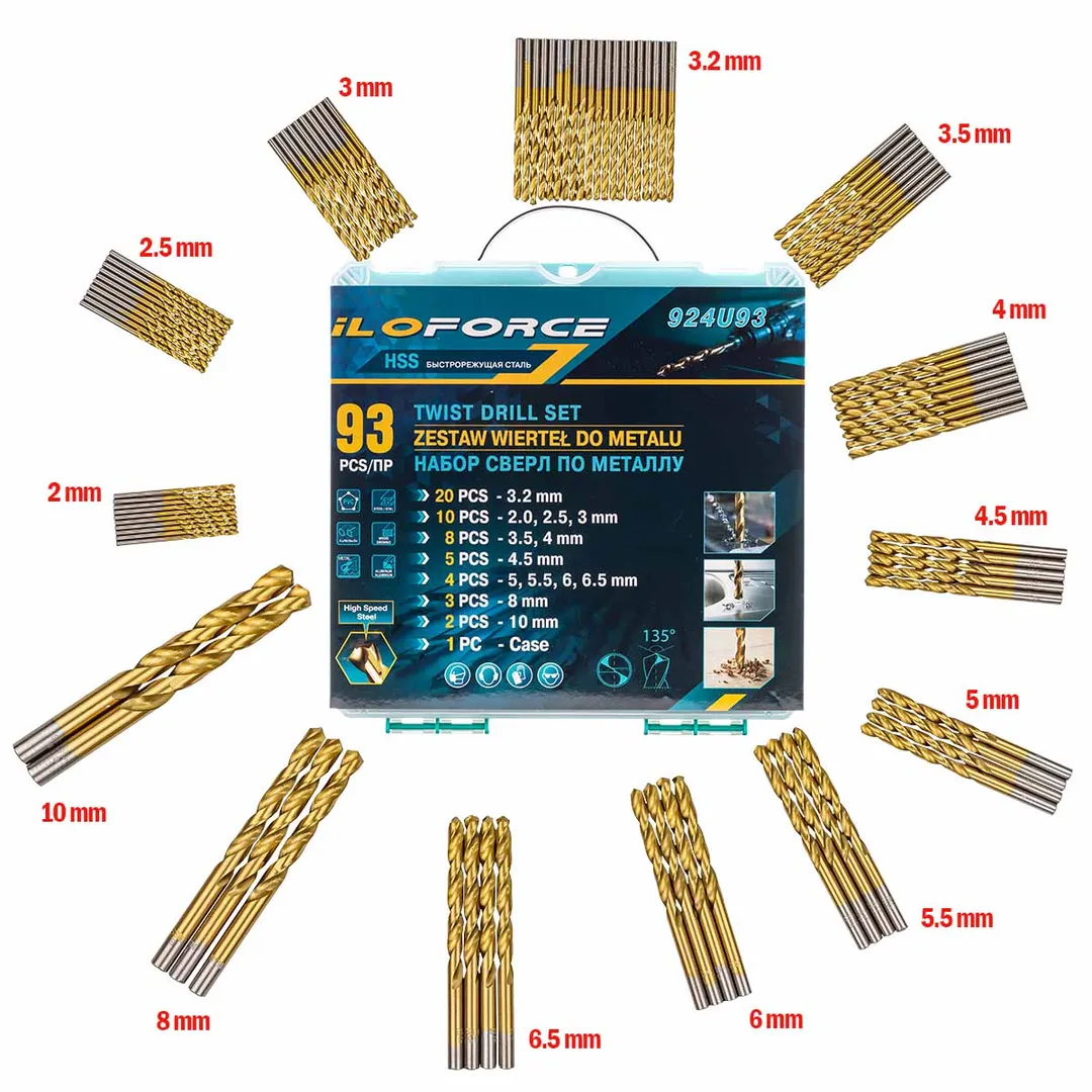 Набор сверл по металлу,93пр.(3.2-20шт,2,2.5,3-по10шт,3.5,4-по 8 шт,4.5-5шт,5,5.5,6,6.5-по 4шт,8-3шт,10-2шт)в кейсе